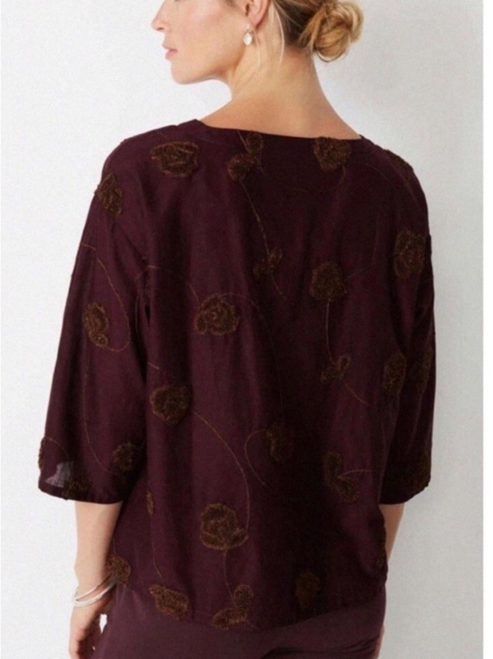 J. Jill Deep Plum Embroidered Floral Boxy Tunic 100% Cotton - Picture 2 of 8